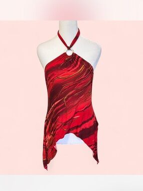 Y2K Vintage Red Asymmetrical Halter Top Sz M Ring Detail Fairy Indie Sleaze